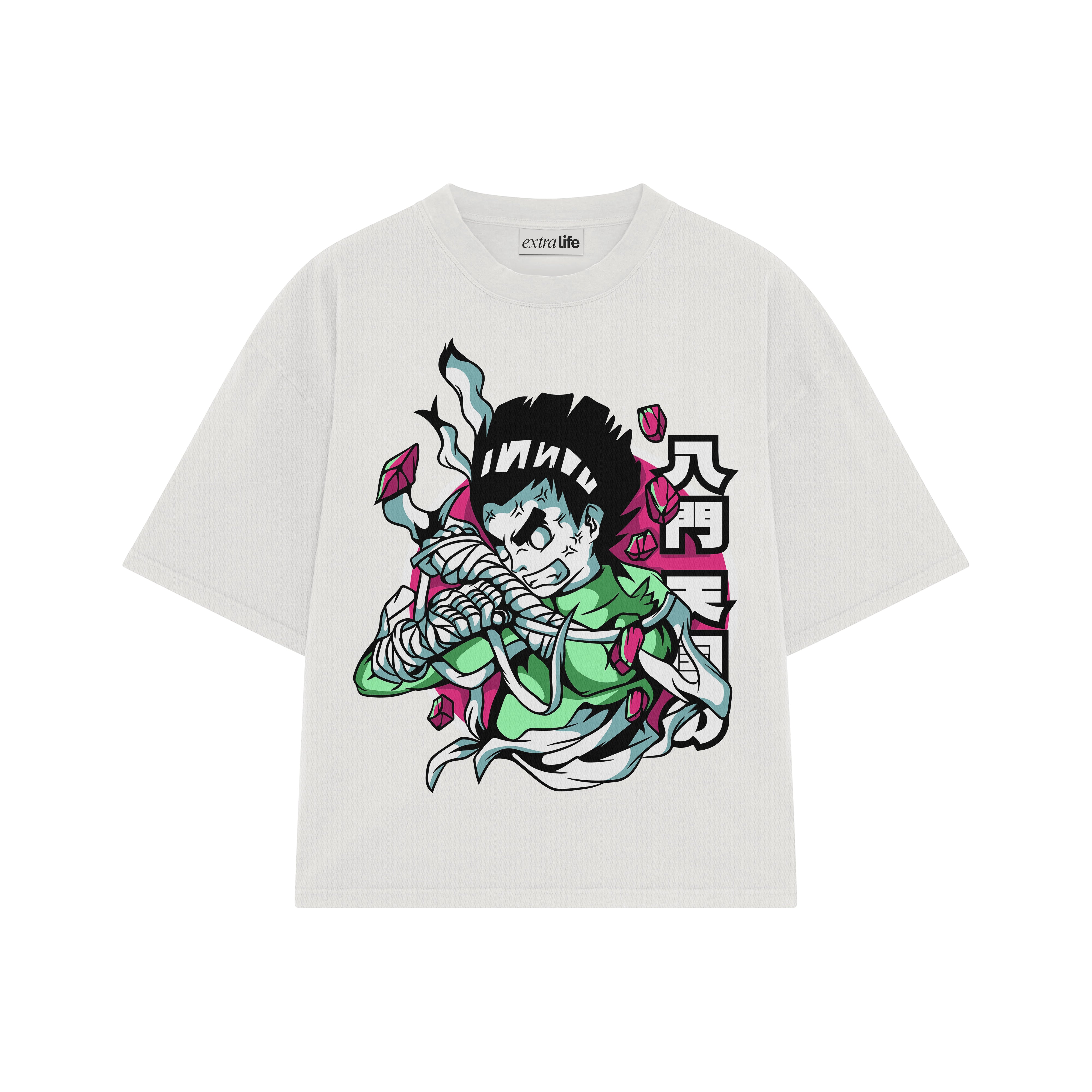 Playera streetwear premium de anime y gaming ExtraLife MX, corte boxy oversized drop shoulder heavyweight en color Deep Black y Off-White, moda urbana mexicana de culto.