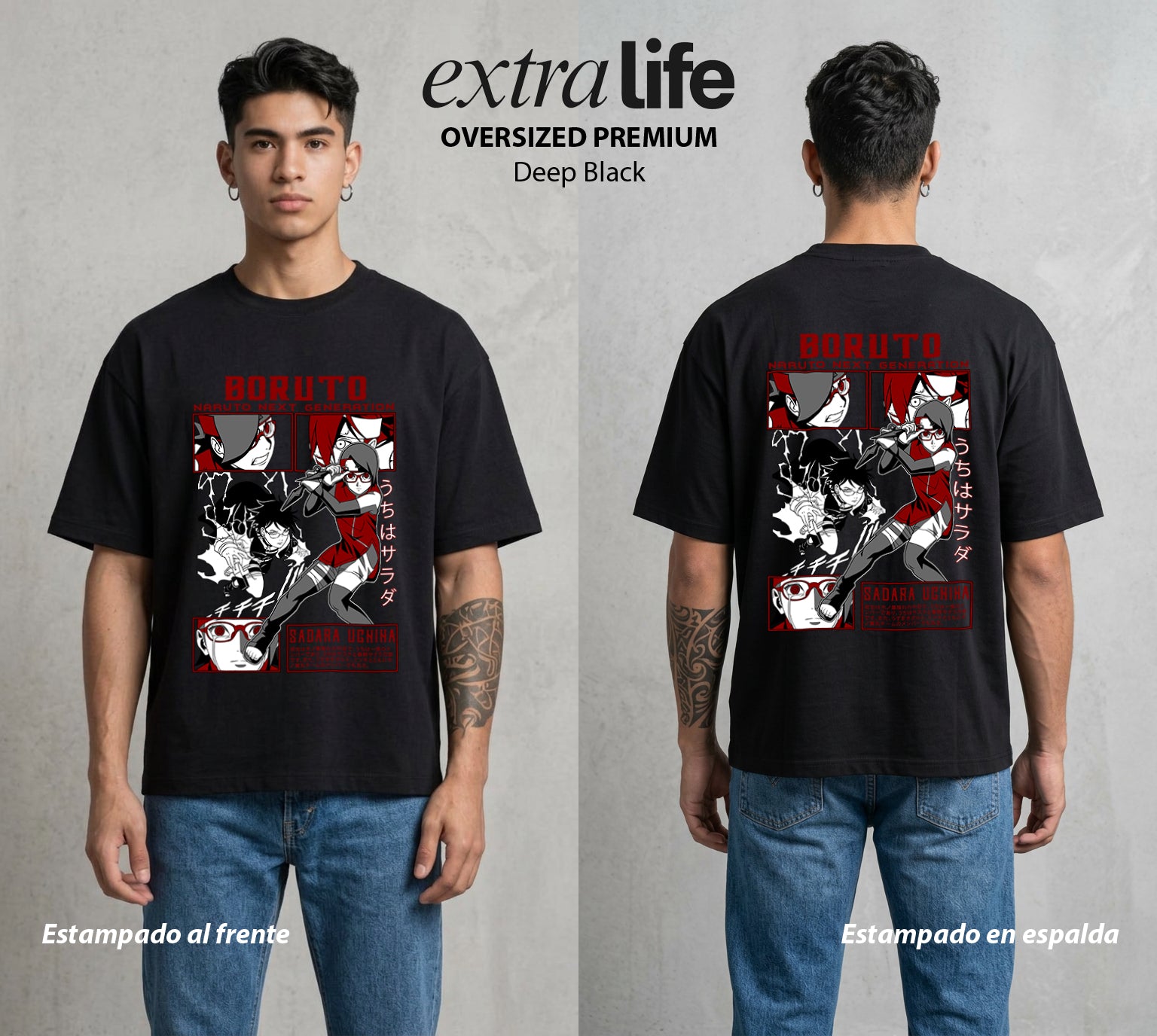 La Aldea Oculta | Zorro de Nueve Colas #02895 - Playera Oversized Premium | Deep Black - Foto en modelo