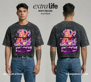Playera streetwear premium de anime y gaming ExtraLife MX, corte boxy deluxe mineral wash heavyweight en color Acid Wash, moda urbana mexicana de culto.