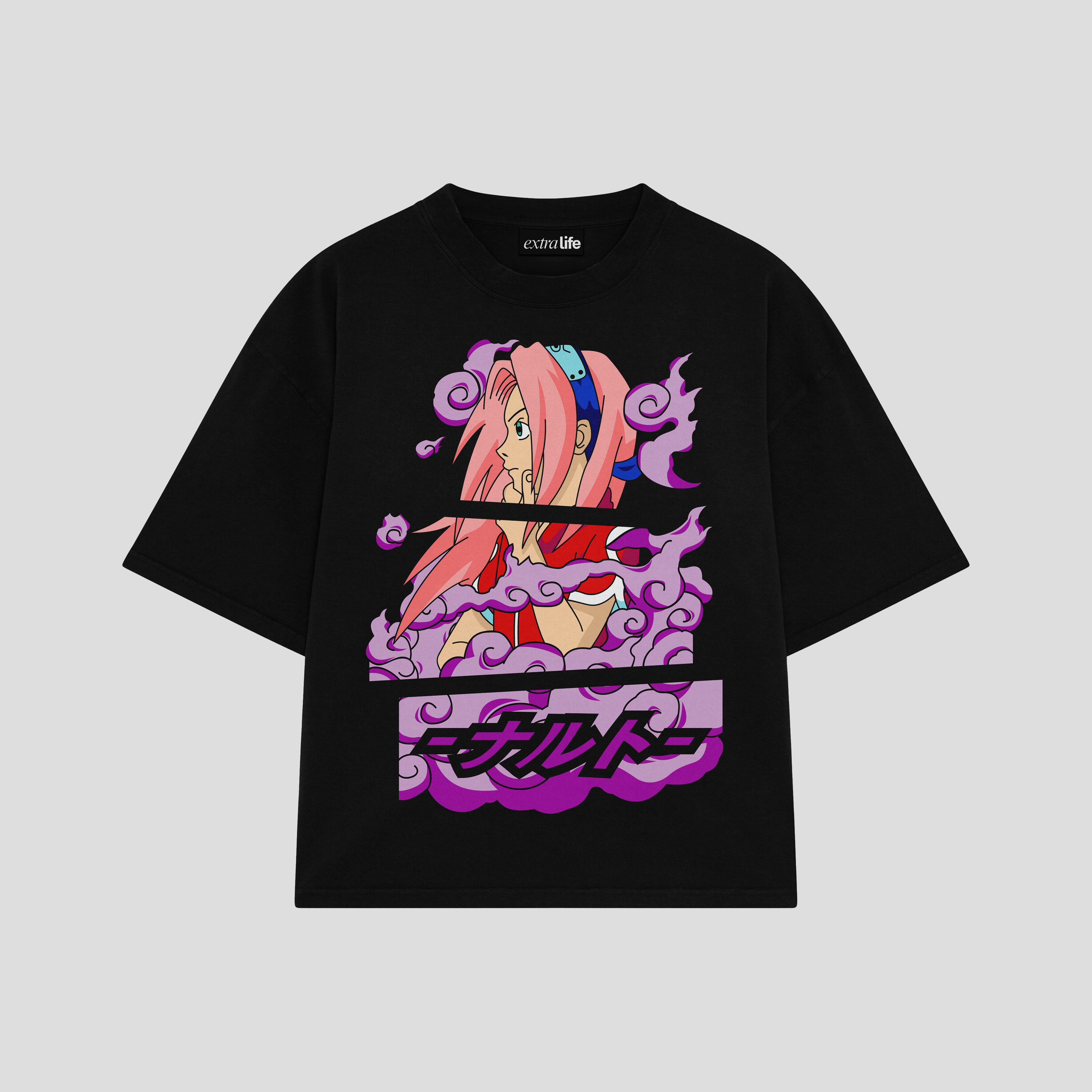 Playera streetwear premium de anime y gaming ExtraLife MX, corte boxy oversized drop shoulder heavyweight en color Deep Black y Off-White, moda urbana mexicana de culto.