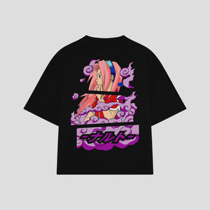 Playera streetwear premium de anime y gaming ExtraLife MX, corte boxy oversized drop shoulder heavyweight en color Deep Black y Off-White, moda urbana mexicana de culto.