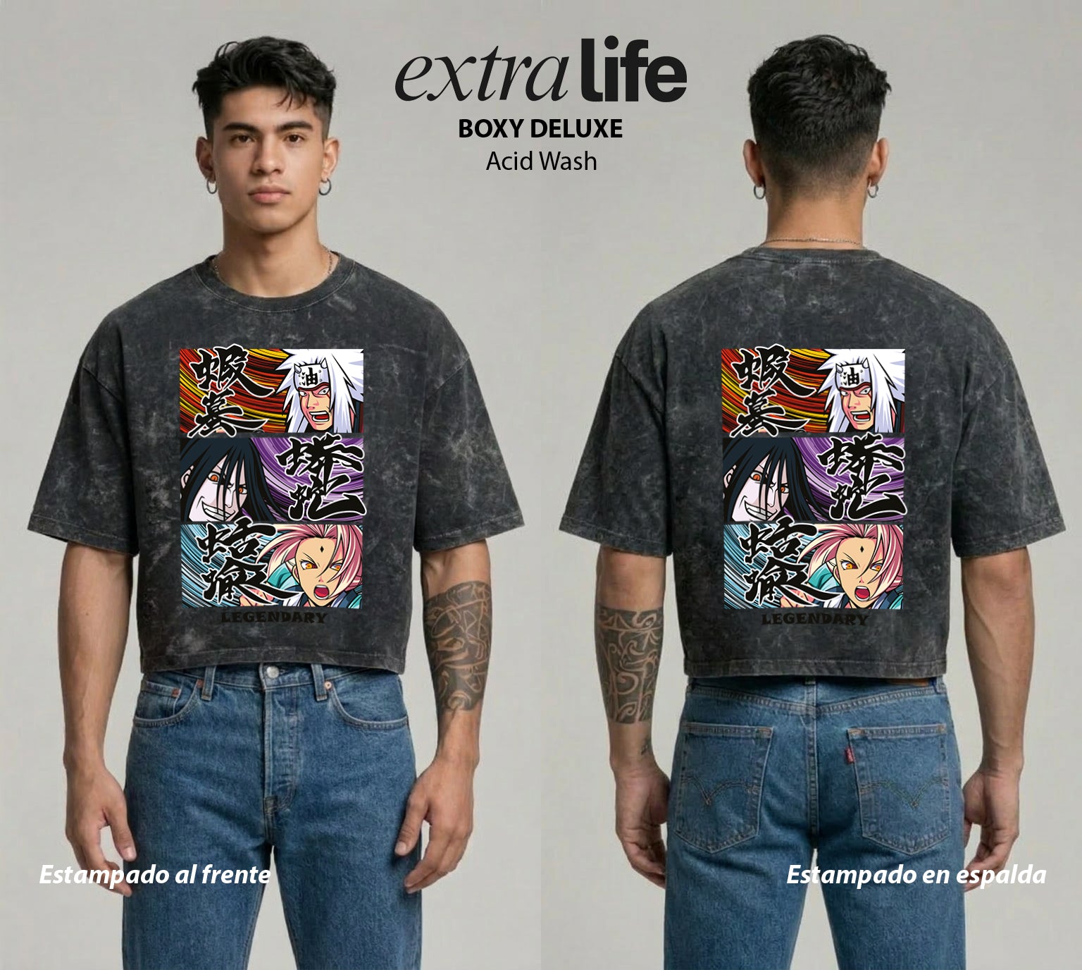 Playera streetwear premium de anime y gaming ExtraLife MX, corte boxy deluxe mineral wash heavyweight en color Acid Wash, moda urbana mexicana de culto.