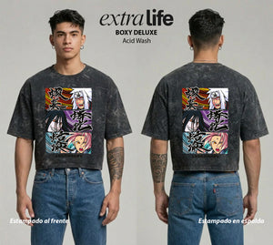 Playera streetwear premium de anime y gaming ExtraLife MX, corte boxy deluxe mineral wash heavyweight en color Acid Wash, moda urbana mexicana de culto.