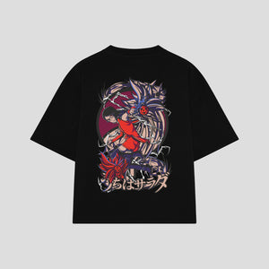 Playera streetwear premium de anime y gaming ExtraLife MX, corte boxy oversized drop shoulder heavyweight en color Deep Black y Off-White, moda urbana mexicana de culto.