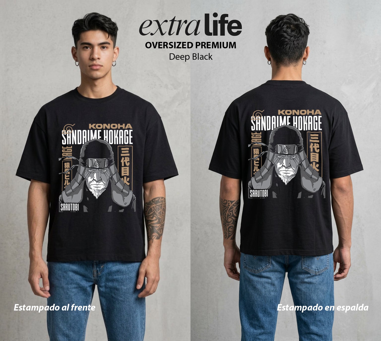 La Aldea Oculta | Zorro de Nueve Colas #02904 - Playera Oversized Premium | Deep Black - Foto en modelo