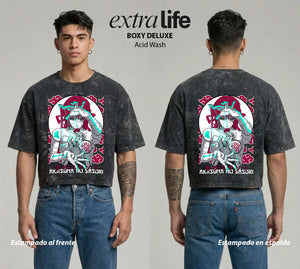 Playera streetwear premium de anime y gaming ExtraLife MX, corte boxy deluxe mineral wash heavyweight en color Acid Wash, moda urbana mexicana de culto.