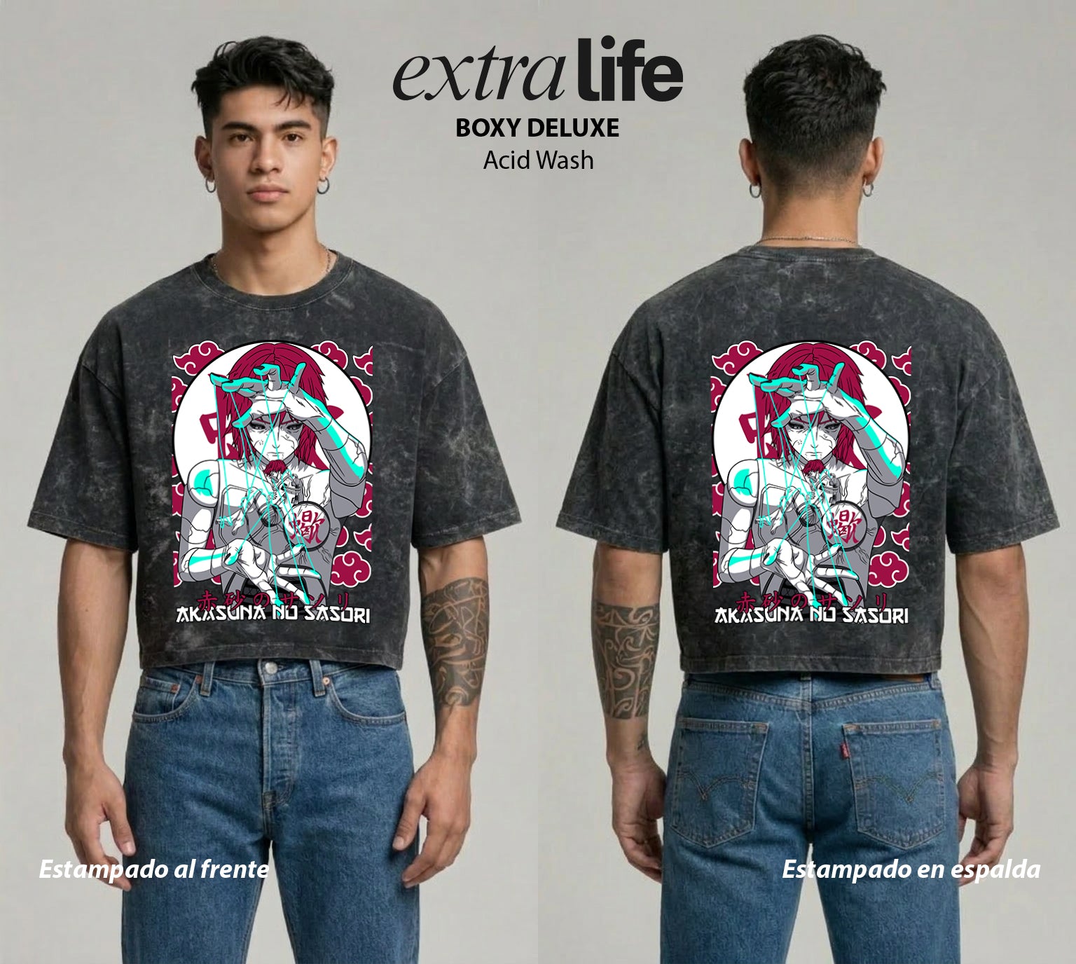 Playera streetwear premium de anime y gaming ExtraLife MX, corte boxy deluxe mineral wash heavyweight en color Acid Wash, moda urbana mexicana de culto.