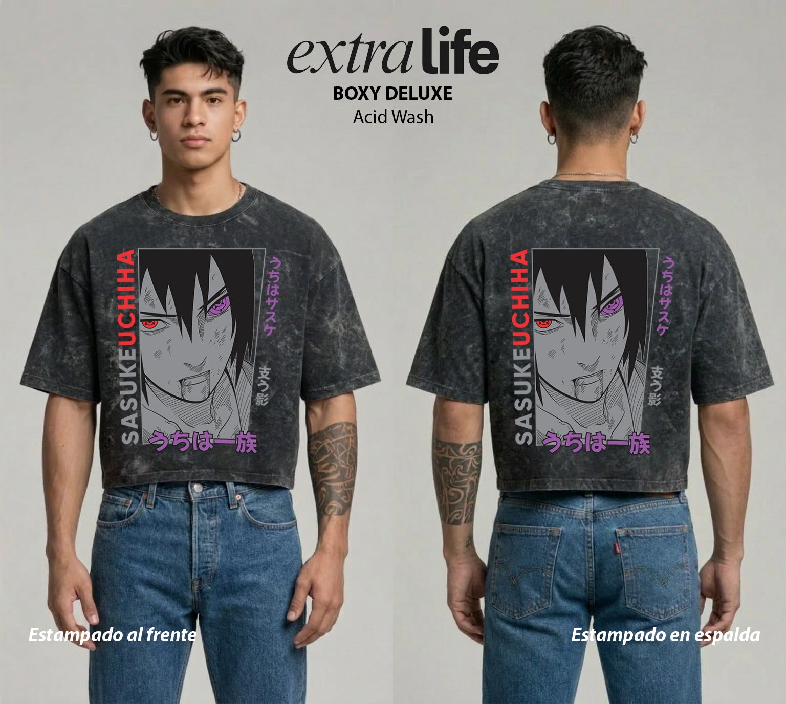 Playera streetwear premium de anime y gaming ExtraLife MX, corte boxy deluxe mineral wash heavyweight en color Acid Wash, moda urbana mexicana de culto.