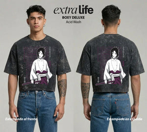 Playera streetwear premium de anime y gaming ExtraLife MX, corte boxy deluxe mineral wash heavyweight en color Acid Wash, moda urbana mexicana de culto.