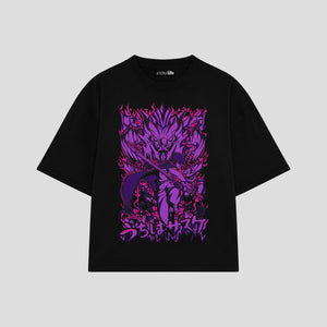 Playera streetwear premium de anime y gaming ExtraLife MX, corte boxy oversized drop shoulder heavyweight en color Deep Black y Off-White, moda urbana mexicana de culto.