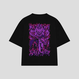 Playera streetwear premium de anime y gaming ExtraLife MX, corte boxy oversized drop shoulder heavyweight en color Deep Black y Off-White, moda urbana mexicana de culto.