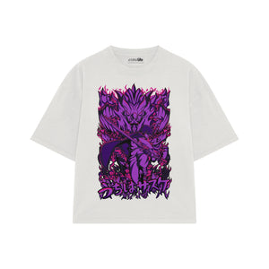 Playera streetwear premium de anime y gaming ExtraLife MX, corte boxy oversized drop shoulder heavyweight en color Deep Black y Off-White, moda urbana mexicana de culto.