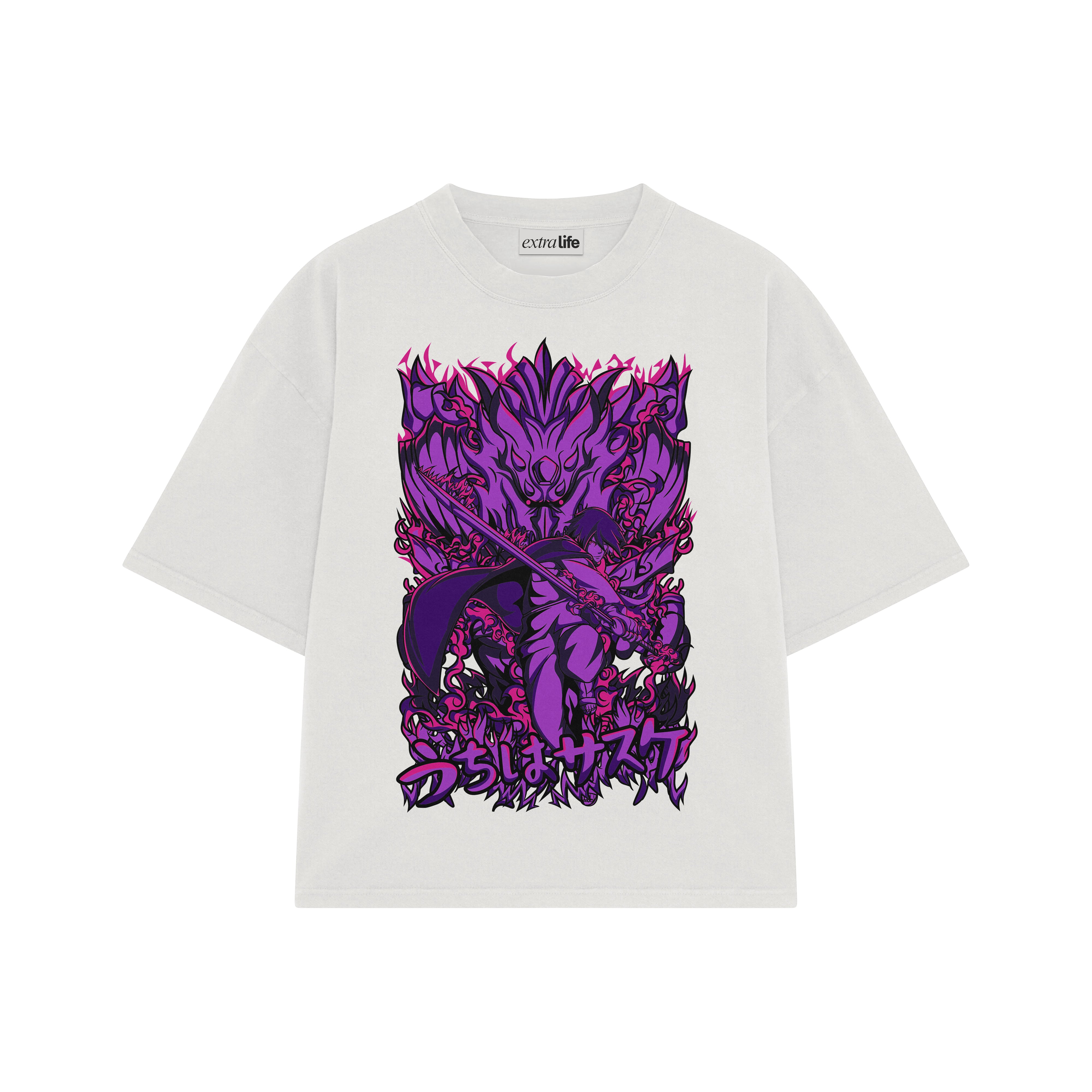 Playera streetwear premium de anime y gaming ExtraLife MX, corte boxy oversized drop shoulder heavyweight en color Deep Black y Off-White, moda urbana mexicana de culto.