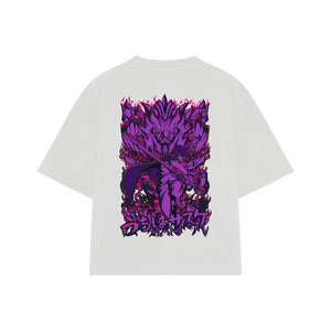 Playera streetwear premium de anime y gaming ExtraLife MX, corte boxy oversized drop shoulder heavyweight en color Deep Black y Off-White, moda urbana mexicana de culto.