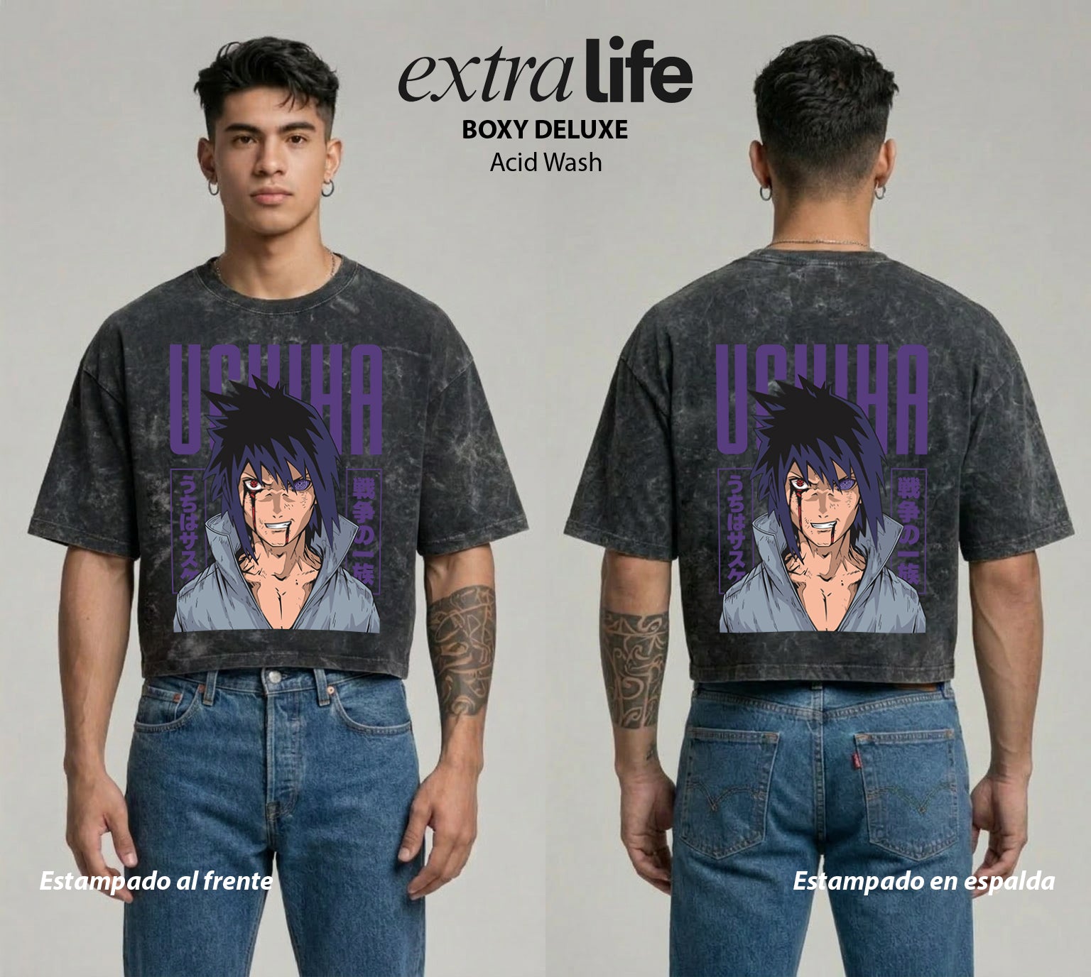 Playera streetwear premium de anime y gaming ExtraLife MX, corte boxy deluxe mineral wash heavyweight en color Acid Wash, moda urbana mexicana de culto.