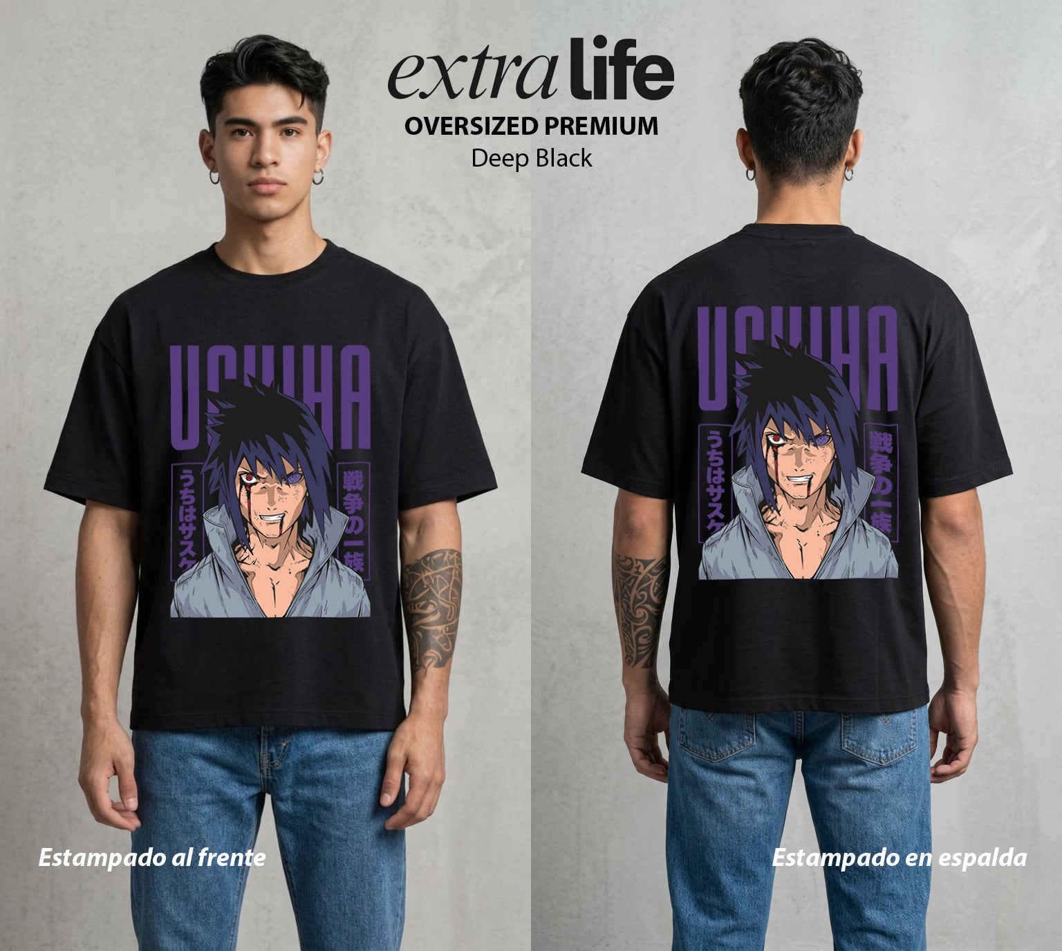 La Aldea Oculta | Zorro de Nueve Colas #02910 - Playera Oversized Premium | Deep Black - Foto en modelo