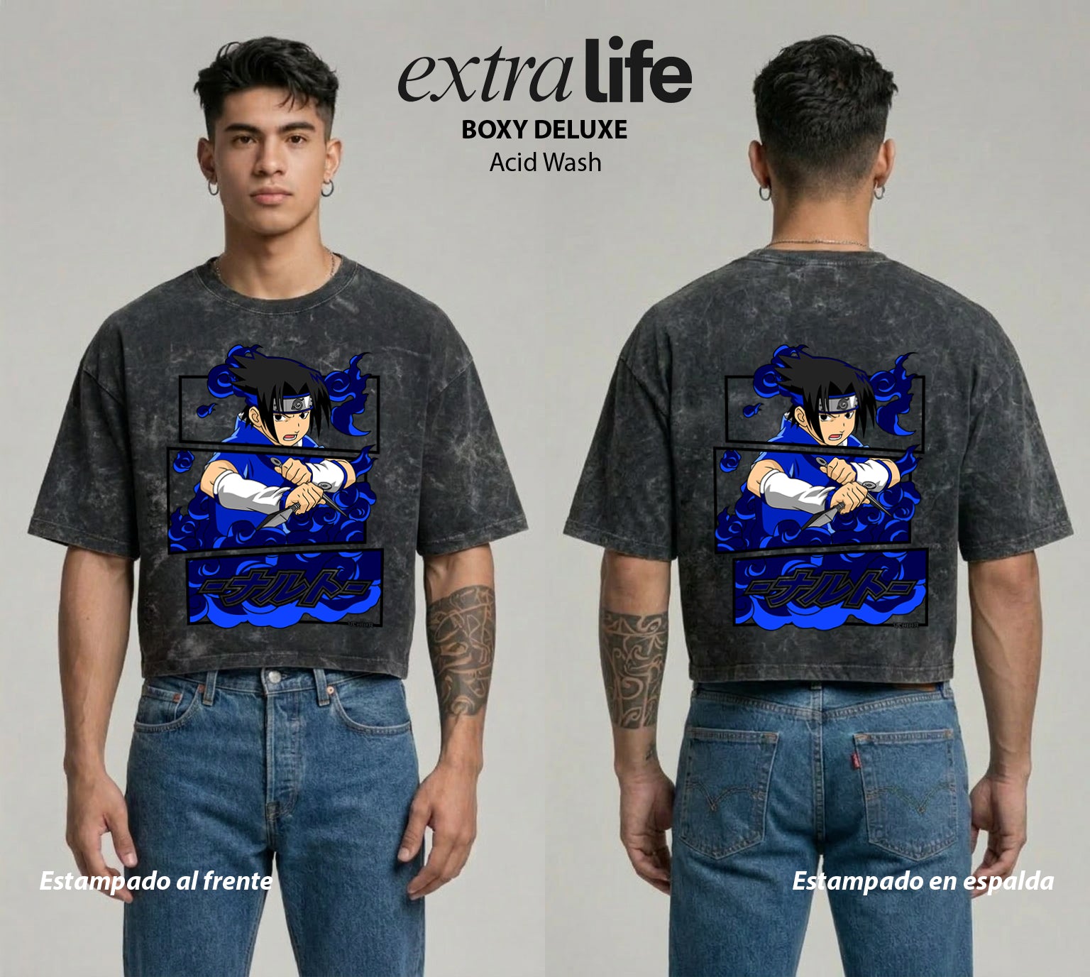 Playera streetwear premium de anime y gaming ExtraLife MX, corte boxy deluxe mineral wash heavyweight en color Acid Wash, moda urbana mexicana de culto.