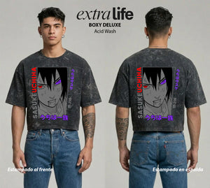 Playera streetwear premium de anime y gaming ExtraLife MX, corte boxy deluxe mineral wash heavyweight en color Acid Wash, moda urbana mexicana de culto.
