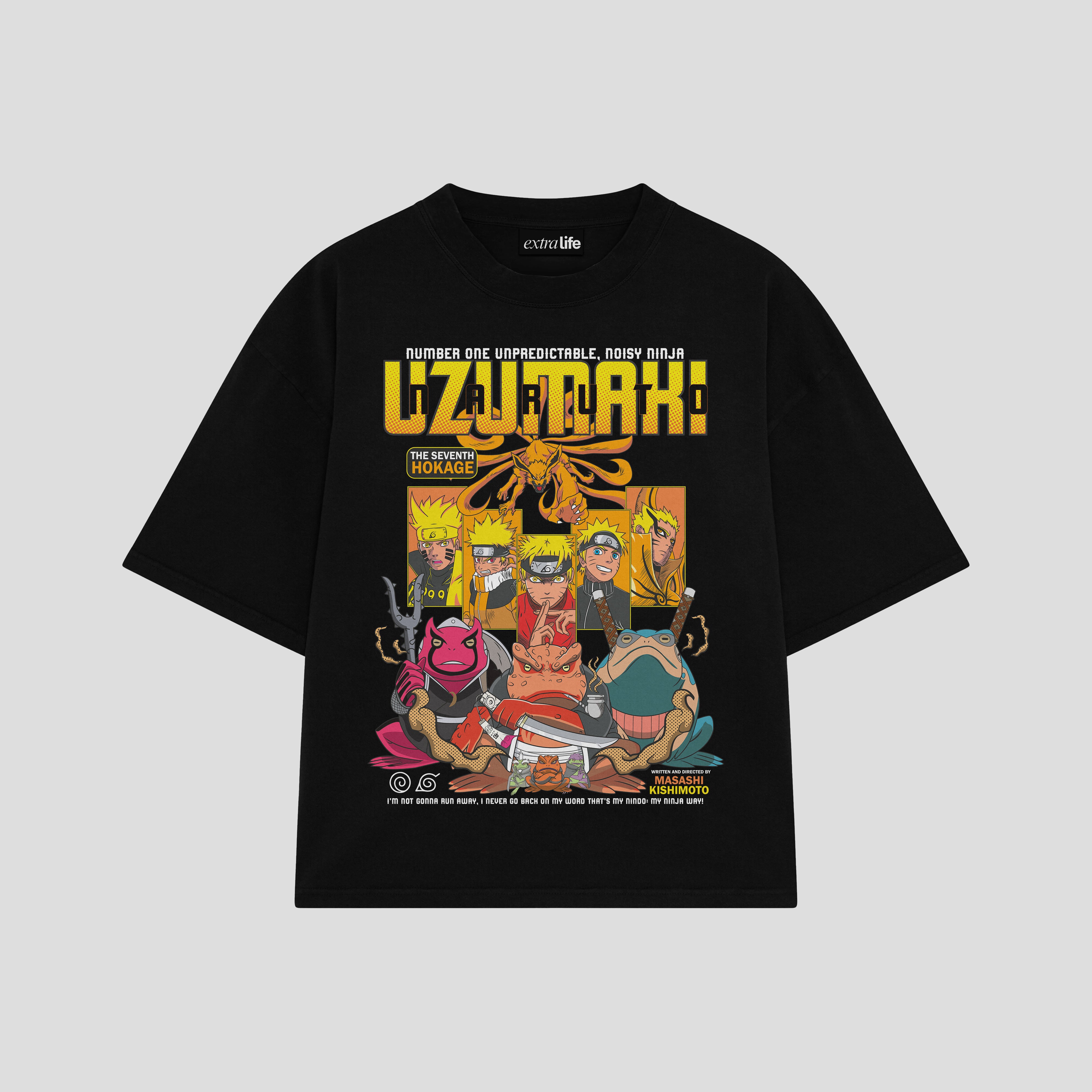 Playera streetwear premium de anime y gaming ExtraLife MX, corte boxy oversized drop shoulder heavyweight en color Deep Black y Off-White, moda urbana mexicana de culto.