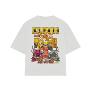Playera streetwear premium de anime y gaming ExtraLife MX, corte boxy oversized drop shoulder heavyweight en color Deep Black y Off-White, moda urbana mexicana de culto.
