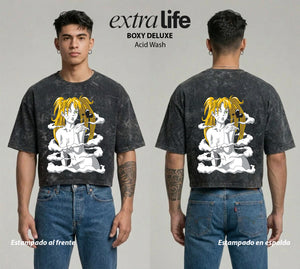 Playera streetwear premium de anime y gaming ExtraLife MX, corte boxy deluxe mineral wash heavyweight en color Acid Wash, moda urbana mexicana de culto.