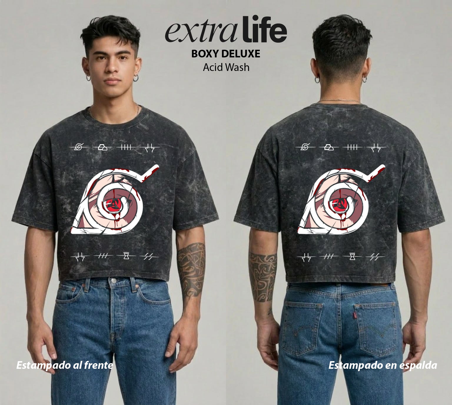 Playera streetwear premium de anime y gaming ExtraLife MX, corte boxy deluxe mineral wash heavyweight en color Acid Wash, moda urbana mexicana de culto.