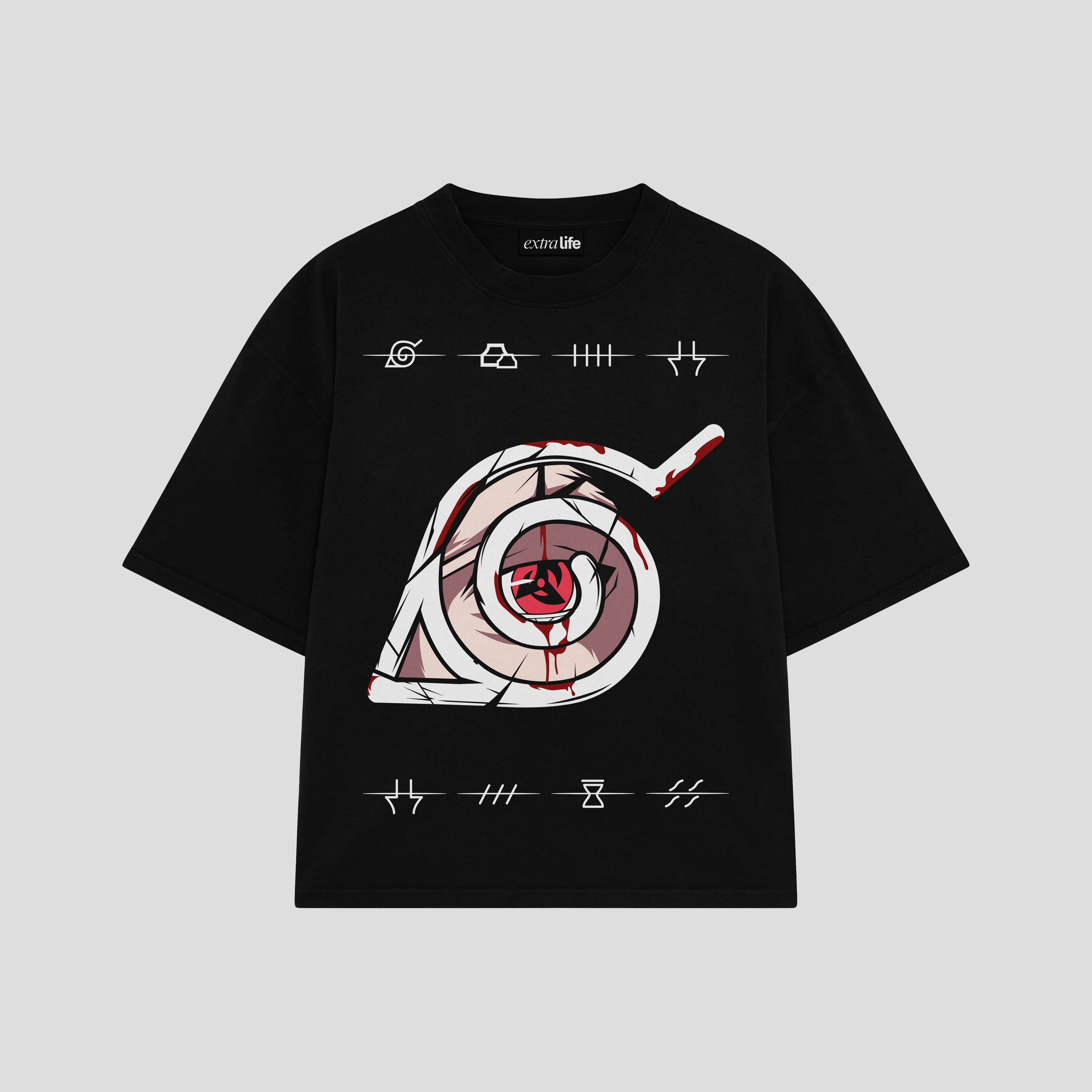 Playera streetwear premium de anime y gaming ExtraLife MX, corte boxy oversized drop shoulder heavyweight en color Deep Black y Off-White, moda urbana mexicana de culto.