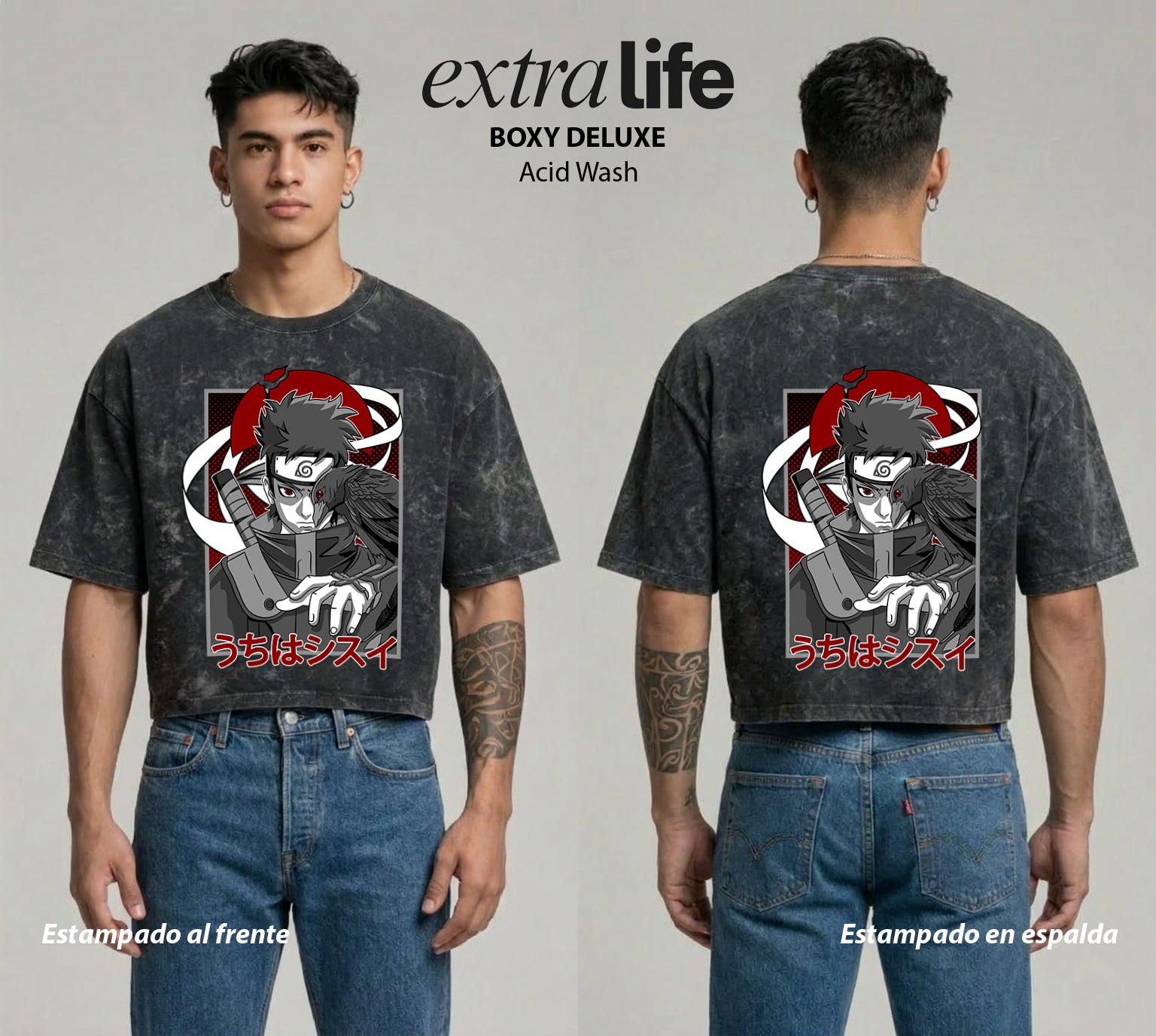 Playera streetwear premium de anime y gaming ExtraLife MX, corte boxy deluxe mineral wash heavyweight en color Acid Wash, moda urbana mexicana de culto.