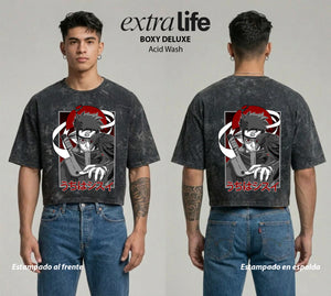 Playera streetwear premium de anime y gaming ExtraLife MX, corte boxy deluxe mineral wash heavyweight en color Acid Wash, moda urbana mexicana de culto.