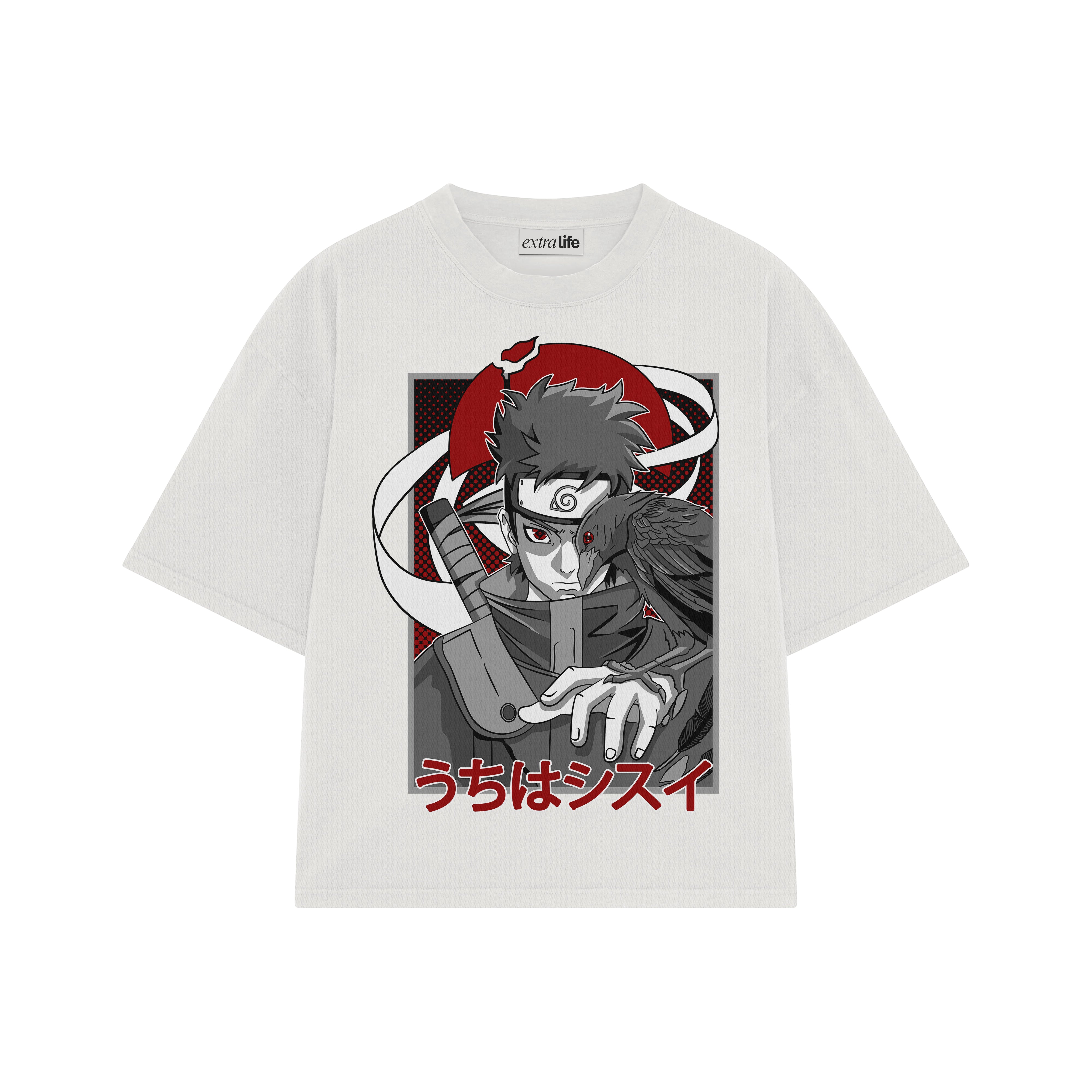 Playera streetwear premium de anime y gaming ExtraLife MX, corte boxy oversized drop shoulder heavyweight en color Deep Black y Off-White, moda urbana mexicana de culto.
