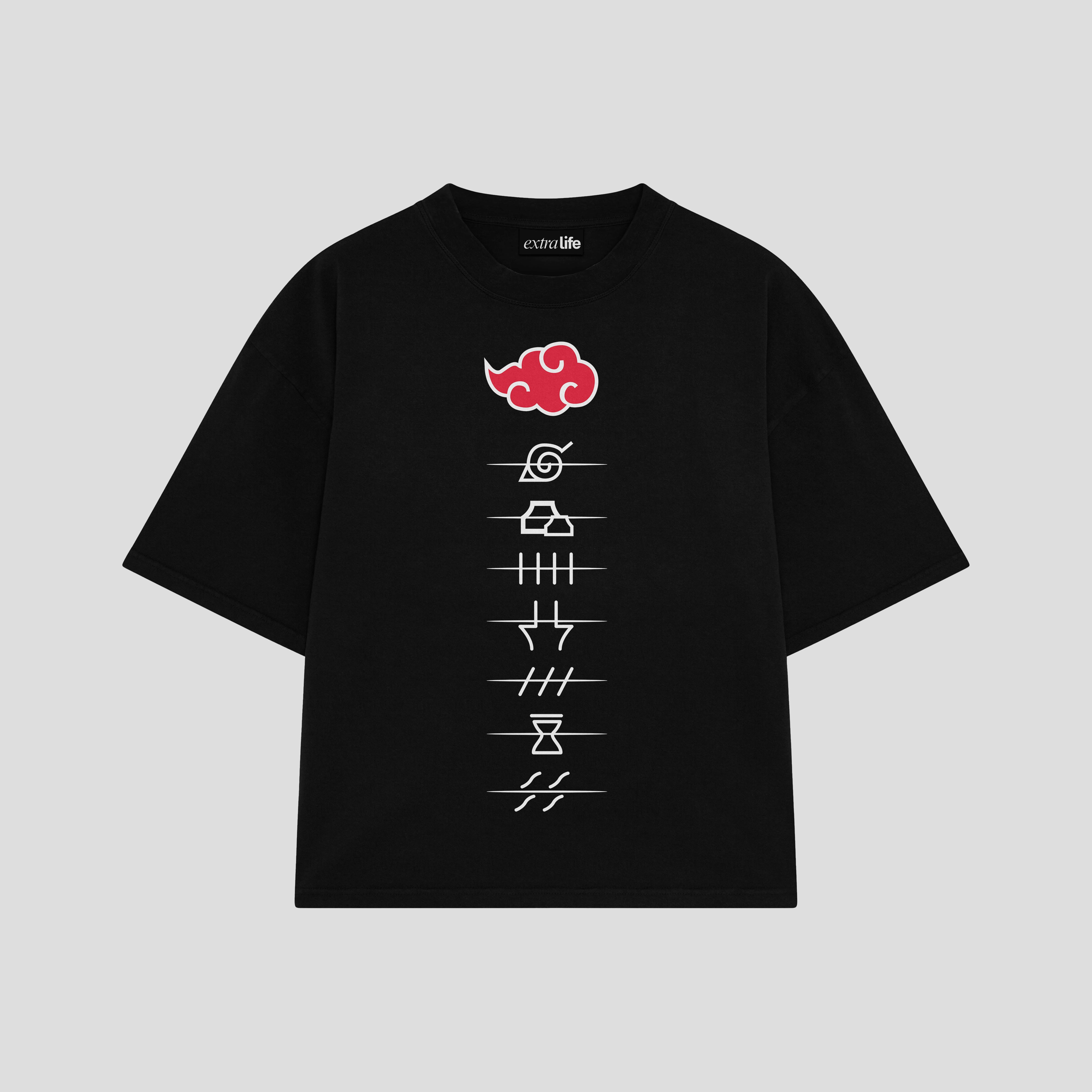 Playera streetwear premium de anime y gaming ExtraLife MX, corte boxy oversized drop shoulder heavyweight en color Deep Black y Off-White, moda urbana mexicana de culto.