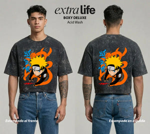 Playera streetwear premium de anime y gaming ExtraLife MX, corte boxy deluxe mineral wash heavyweight en color Acid Wash, moda urbana mexicana de culto.