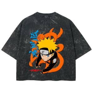 Playera streetwear premium de anime y gaming ExtraLife MX, corte boxy deluxe mineral wash heavyweight en color Acid Wash, moda urbana mexicana de culto.