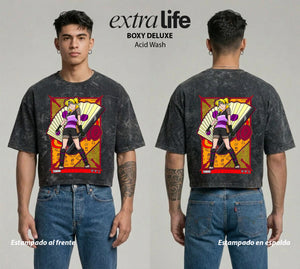 Playera streetwear premium de anime y gaming ExtraLife MX, corte boxy deluxe mineral wash heavyweight en color Acid Wash, moda urbana mexicana de culto.
