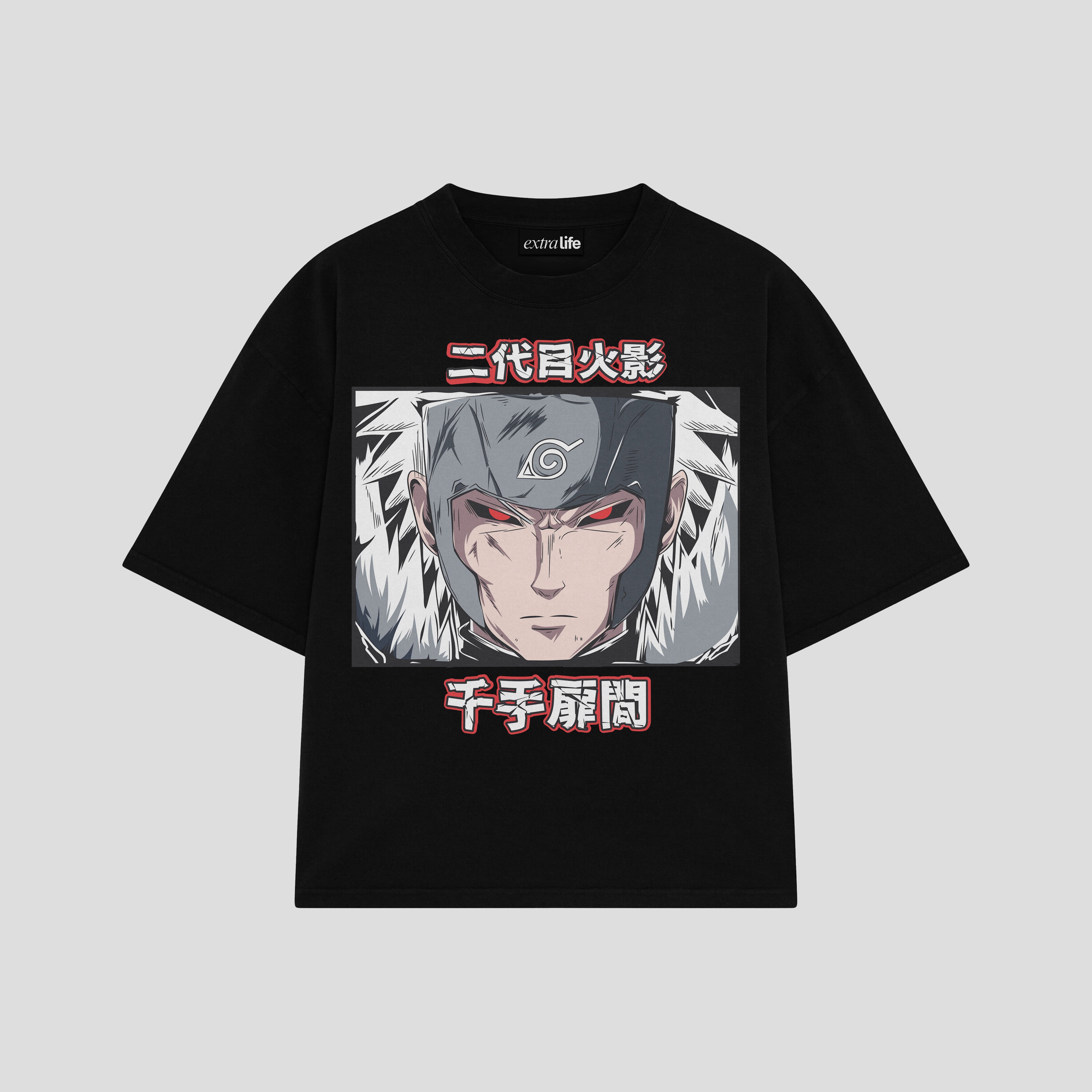 Playera streetwear premium de anime y gaming ExtraLife MX, corte boxy oversized drop shoulder heavyweight en color Deep Black y Off-White, moda urbana mexicana de culto.