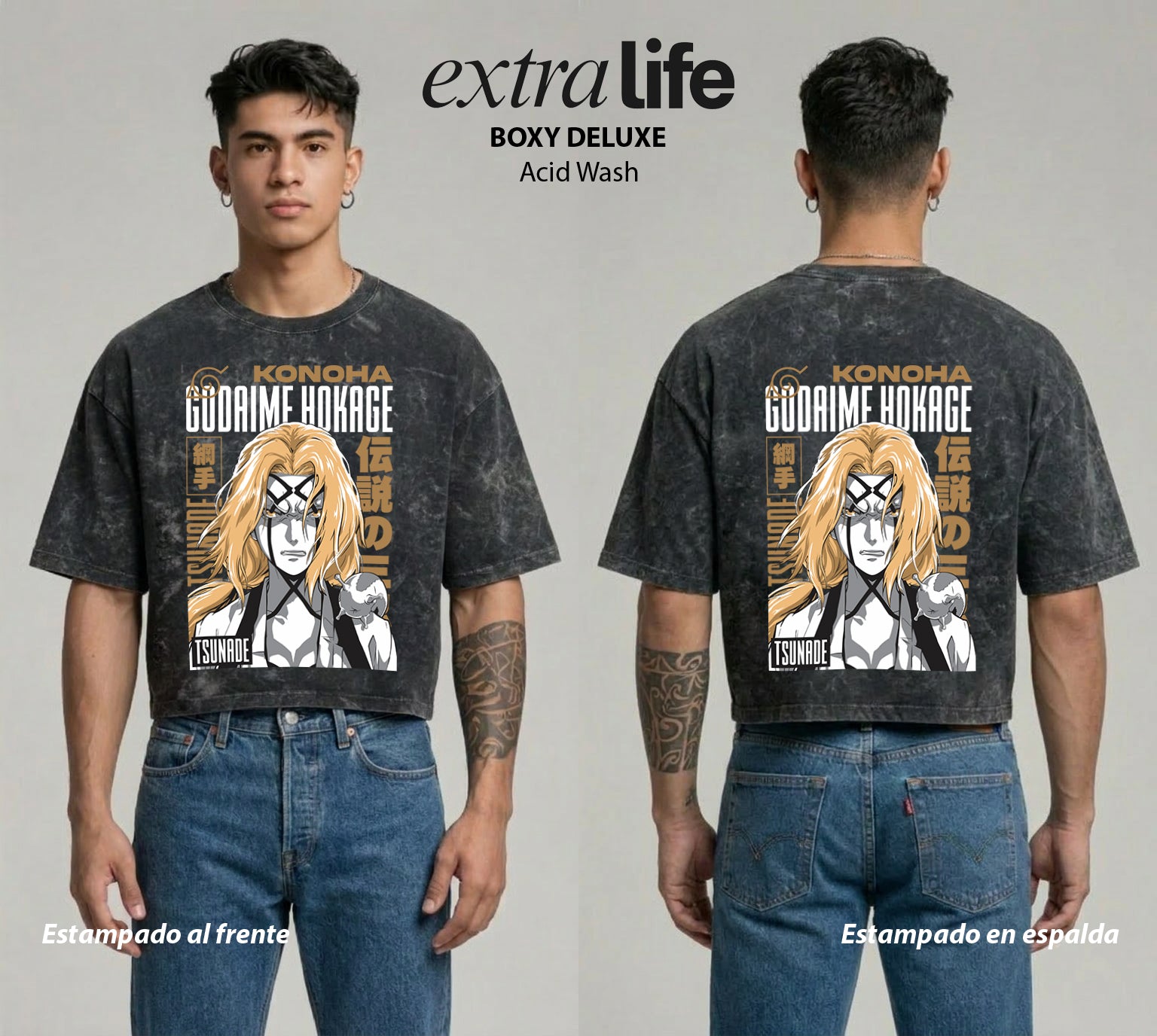 Playera streetwear premium de anime y gaming ExtraLife MX, corte boxy deluxe mineral wash heavyweight en color Acid Wash, moda urbana mexicana de culto.