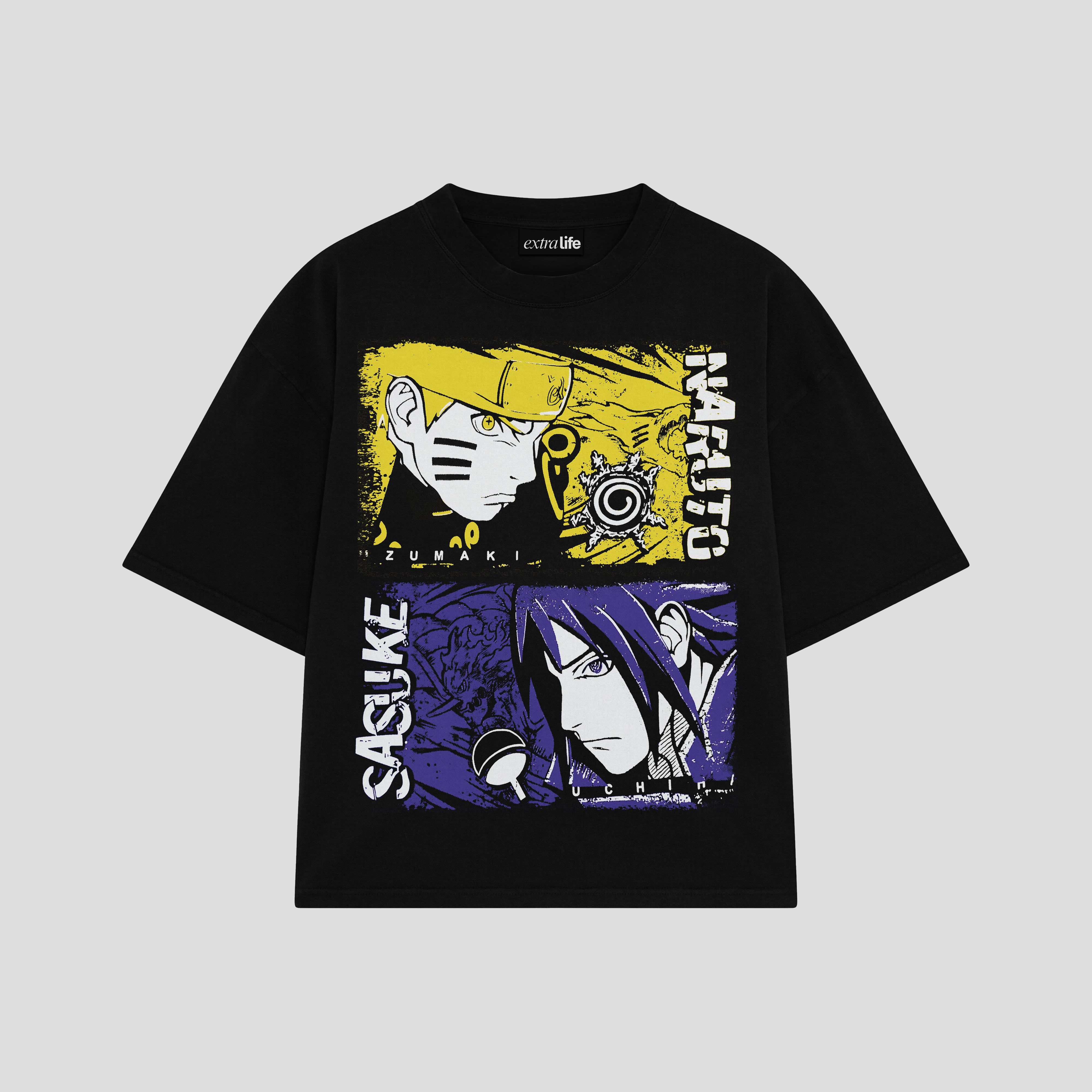 Playera streetwear premium de anime y gaming ExtraLife MX, corte boxy oversized drop shoulder heavyweight en color Deep Black y Off-White, moda urbana mexicana de culto.