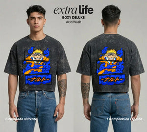Playera streetwear premium de anime y gaming ExtraLife MX, corte boxy deluxe mineral wash heavyweight en color Acid Wash, moda urbana mexicana de culto.