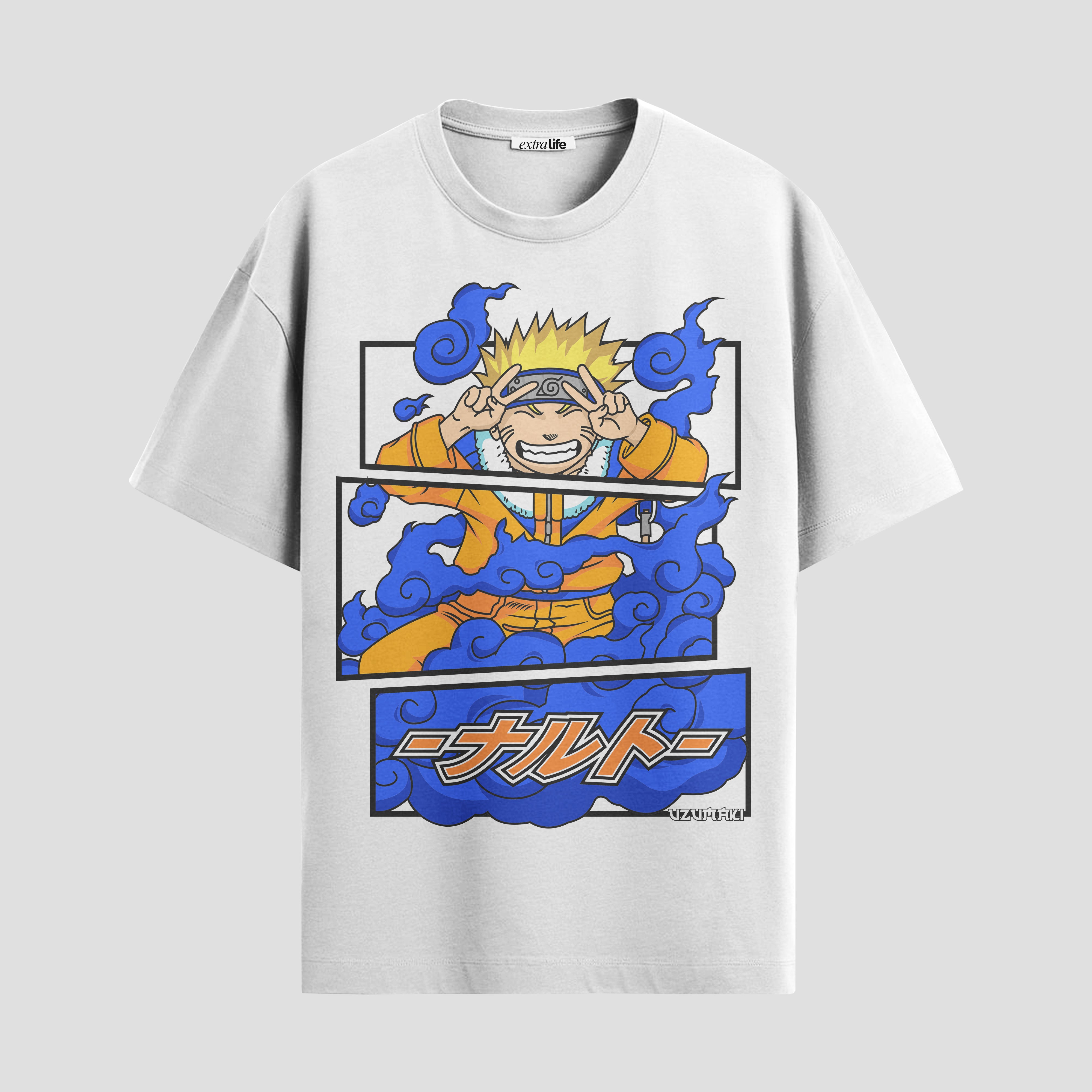 Playera urbana de anime y gaming ExtraLife MX, corte Standard Fit unisex ligero y transpirable en color Deep Black y Pure White, ropa de uso diario para gym y casual.