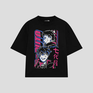 Playera streetwear premium de anime y gaming ExtraLife MX, corte boxy oversized drop shoulder heavyweight en color Deep Black y Off-White, moda urbana mexicana de culto.