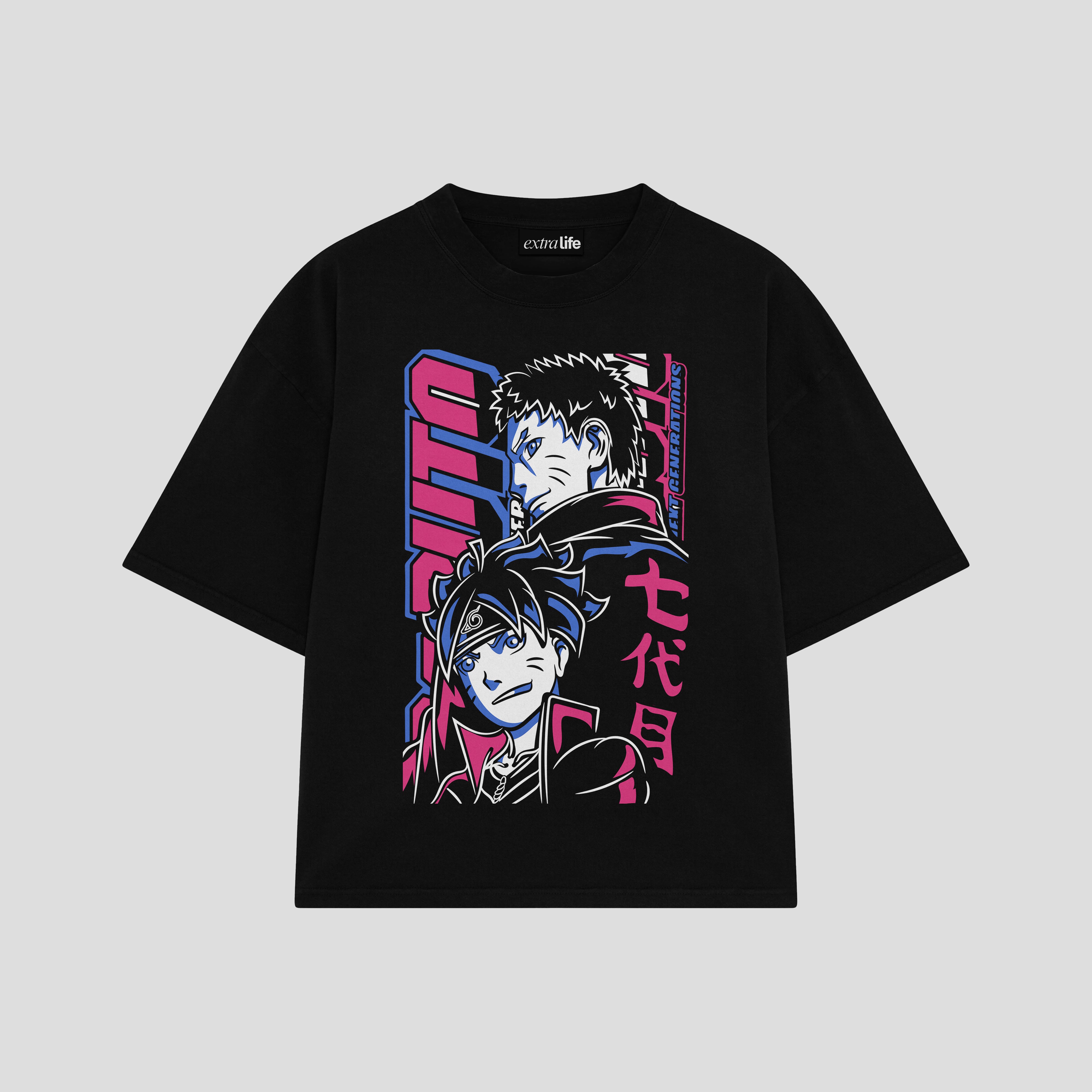 Playera streetwear premium de anime y gaming ExtraLife MX, corte boxy oversized drop shoulder heavyweight en color Deep Black y Off-White, moda urbana mexicana de culto.