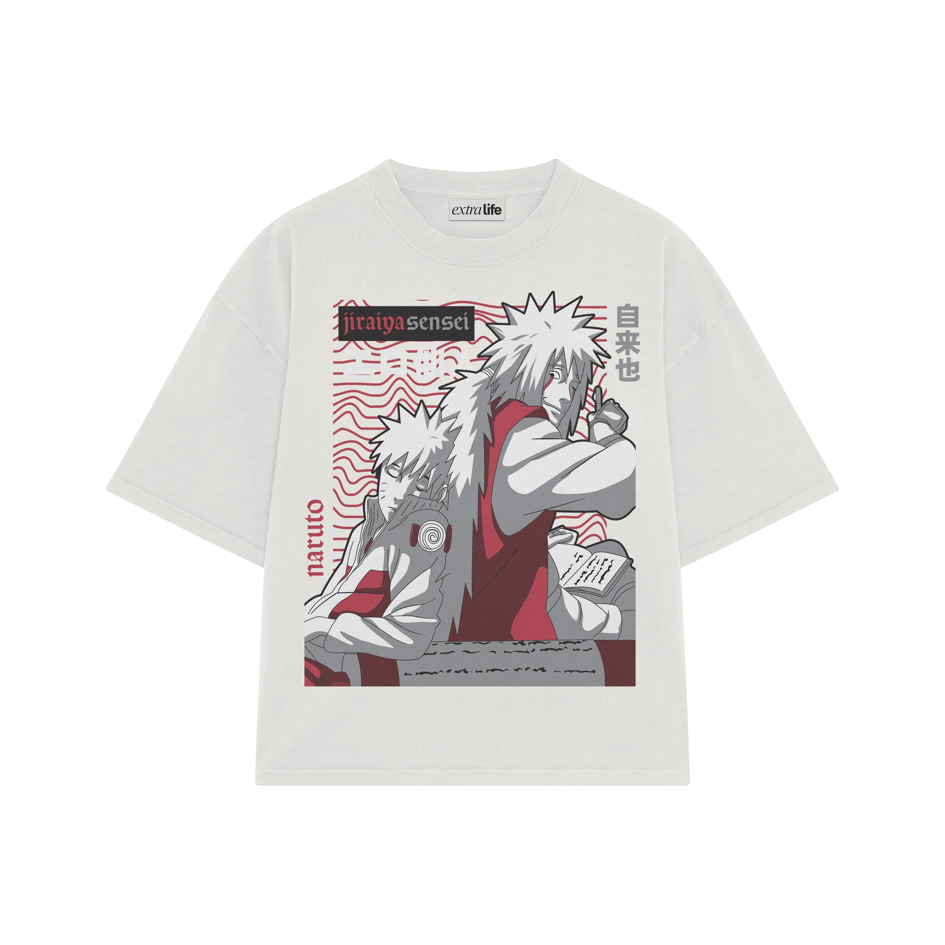 Playera streetwear premium de anime y gaming ExtraLife MX, corte boxy oversized drop shoulder heavyweight en color Deep Black y Off-White, moda urbana mexicana de culto.