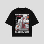 Playera streetwear premium de anime y gaming ExtraLife MX, corte boxy oversized drop shoulder heavyweight en color Deep Black y Off-White, moda urbana mexicana de culto.