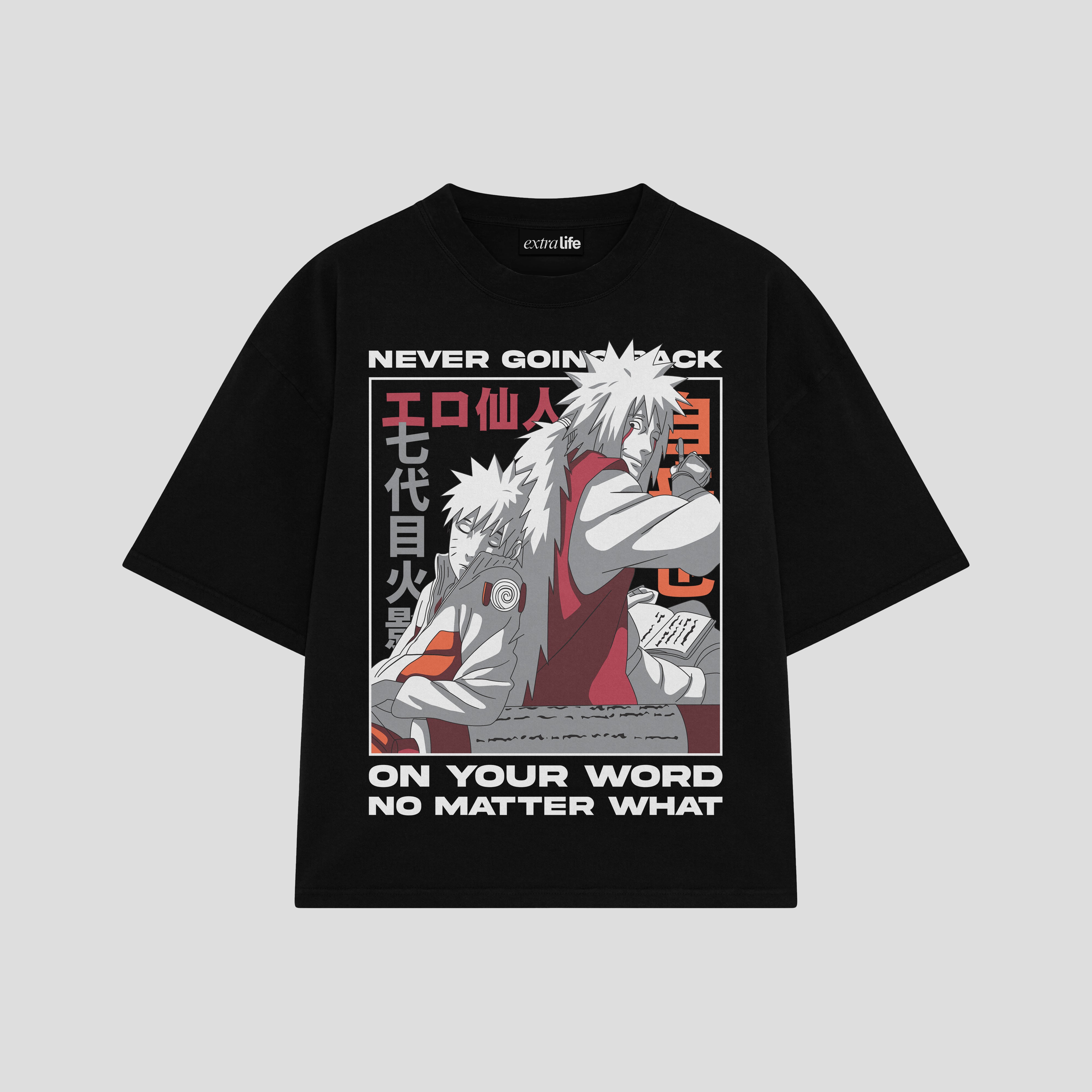 Playera streetwear premium de anime y gaming ExtraLife MX, corte boxy oversized drop shoulder heavyweight en color Deep Black y Off-White, moda urbana mexicana de culto.