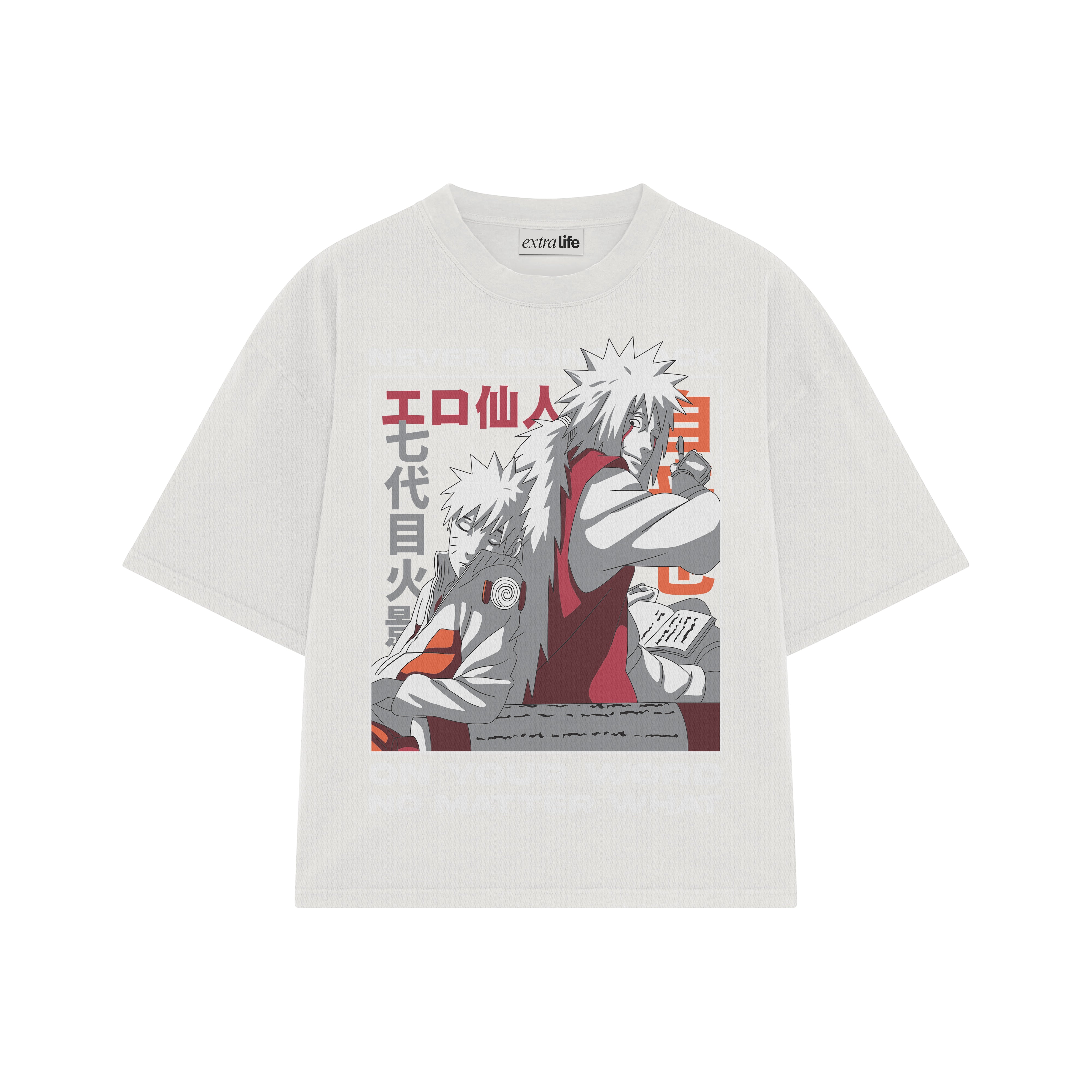 Playera streetwear premium de anime y gaming ExtraLife MX, corte boxy oversized drop shoulder heavyweight en color Deep Black y Off-White, moda urbana mexicana de culto.
