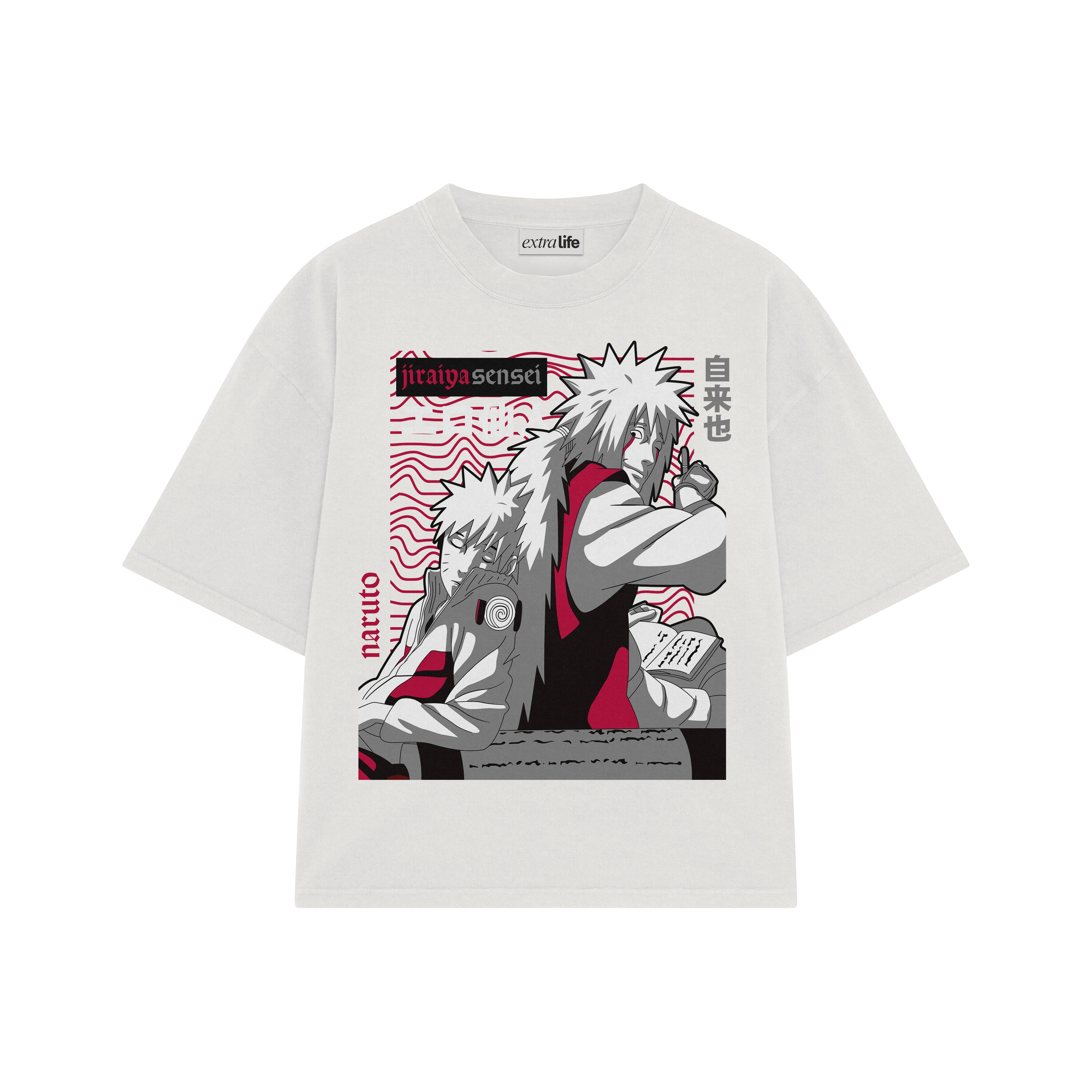 Playera streetwear premium de anime y gaming ExtraLife MX, corte boxy oversized drop shoulder heavyweight en color Deep Black y Off-White, moda urbana mexicana de culto.