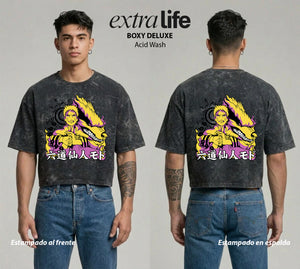 Playera streetwear premium de anime y gaming ExtraLife MX, corte boxy deluxe mineral wash heavyweight en color Acid Wash, moda urbana mexicana de culto.