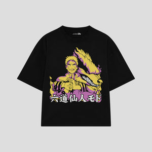 Playera streetwear premium de anime y gaming ExtraLife MX, corte boxy oversized drop shoulder heavyweight en color Deep Black y Off-White, moda urbana mexicana de culto.