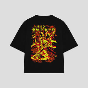 Playera streetwear premium de anime y gaming ExtraLife MX, corte boxy oversized drop shoulder heavyweight en color Deep Black y Off-White, moda urbana mexicana de culto.