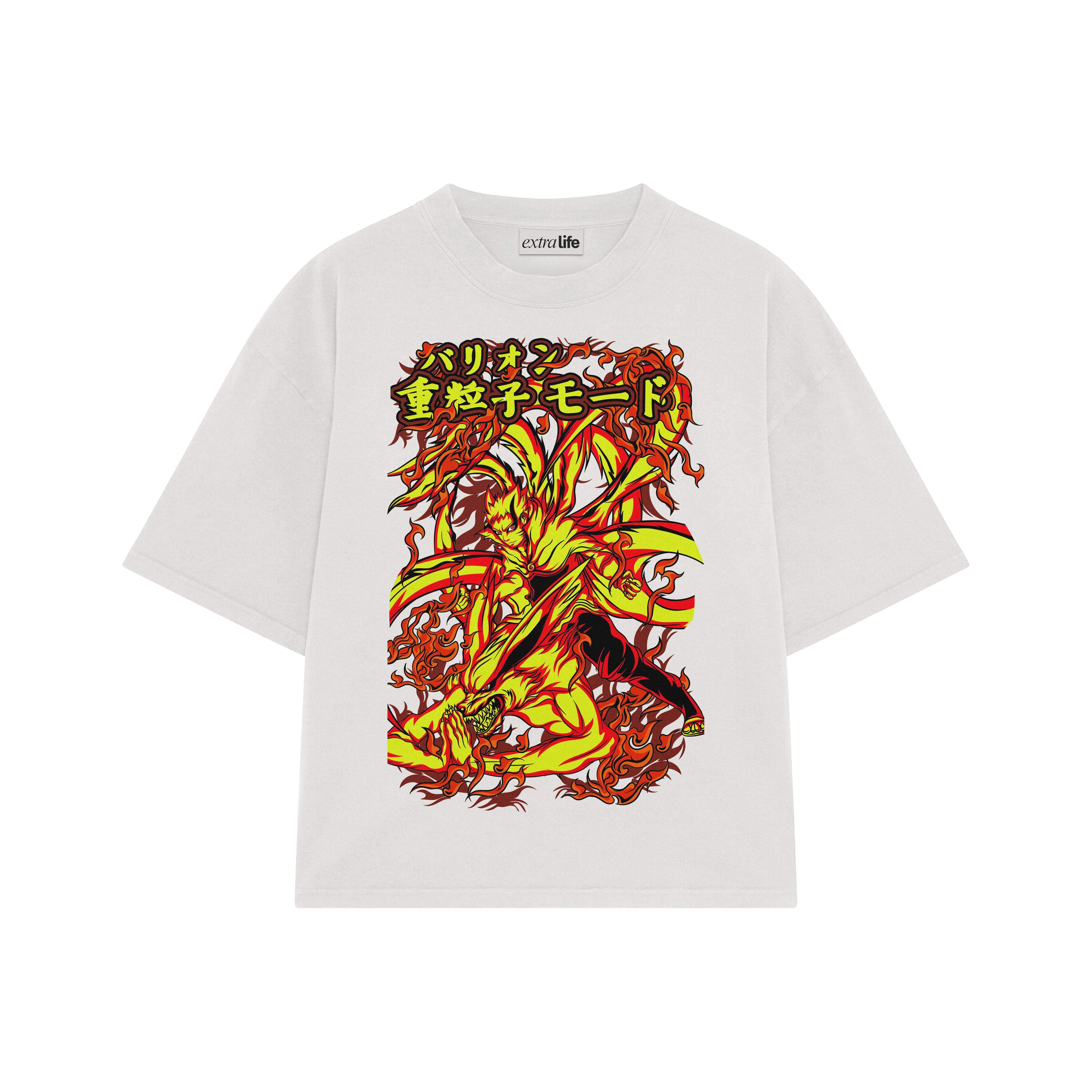Playera streetwear premium de anime y gaming ExtraLife MX, corte boxy oversized drop shoulder heavyweight en color Deep Black y Off-White, moda urbana mexicana de culto.